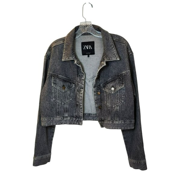 ZARA Cropped Denim Jacket M | Cotton Denim | Washed Black/Gray | Boxy - Picture 1 of 6